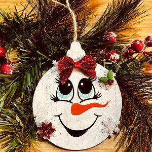 Frosty Smiles – Red Bow & Snowflakes Rustic Ornament
